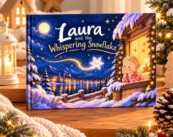 May include: A hardcover book titled Laura and the Whispering Snowflake featuring a dark blue night sky, a glowing snowflake, a snowy landscape with a lake, and a child looking out of a window at the winter scene.