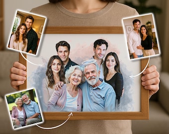 May include: A framed family portrait with three smaller photo inserts. The central portrait depicts a family of six, painted in a watercolor style. The frame is a light brown color. The smaller photos show couples.