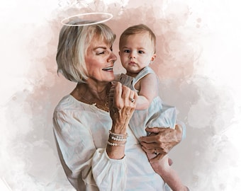May include: A digitally painted portrait of a smiling older woman holding a baby. The woman wears a white blouse and jewelry. A halo is above her head. The background has a soft, watercolor-like effect with pink and white hues.
