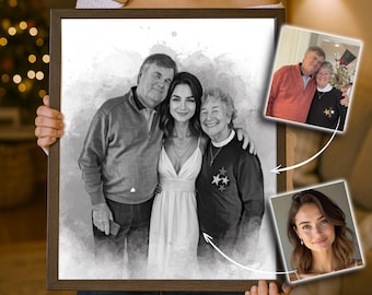 May include: A framed black and white portrait of three people, with two smaller color photos attached. The main portrait shows a woman in a white dress with two people, one man and one woman, embracing her. The smaller photos show the woman and the other two people.
