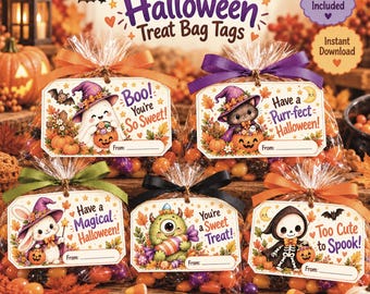 Ausdruckbare Halloween-Süßigkeitentüten-Anhänger, Geschenkanhänger für die Klassenparty, Sofort-Download als PDF