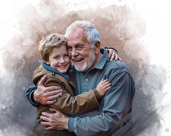 May include: A heartwarming image of a smiling older man embracing a young boy. The older man has white hair and a beard, wearing a blue-green shirt. The boy is wearing a brown jacket and smiling. The background has a watercolor effect.