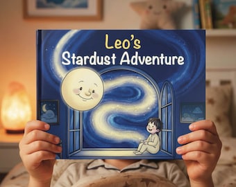 May include: A hardcover children's book titled Leo's Stardust Adventure. The cover features a cartoon illustration of a child sitting in a window looking at a smiling moon and a swirling stardust trail against a deep blue night sky background.