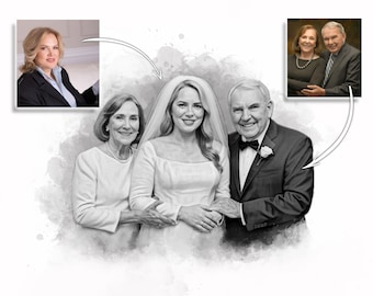 May include: Black and white portrait of a bride with her parents. The bride wears a veil and a white dress. The parents are in formal attire. Two smaller portraits of the parents are in the background.