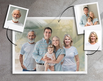 May include: A family portrait painting featuring a multi-generational family. The painting is done in a painterly style with a soft, muted color palette. The family is standing together in a relaxed pose, with the youngest child being held by the parents. The painting is set against a background of abstract brushstrokes.