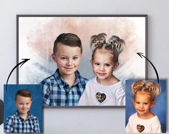 May include: A watercolor painting of two children, a boy and a girl, with a soft pink and blue background. The boy is wearing a blue and white plaid shirt and the girl is wearing a white shirt with a leopard print heart.