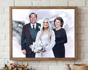 May include: A framed portrait of a bride, groom, and a woman, likely the mother of the bride. The bride wears a white wedding dress and holds a bouquet. The groom is in a black tuxedo. The portrait is displayed on a wooden shelf against a white brick wall.