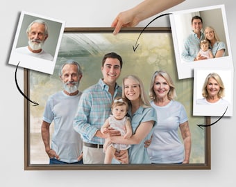 May include: A framed painting of a family portrait. The painting features a family of six, including two grandparents, two parents, a child, and a baby. The painting is done in a watercolor style with a soft, muted color palette. The background of the painting is a light green and yellow abstract design.