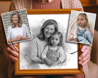 May include: A framed black and white portrait of a woman and a child, with two smaller color photos of the same subjects. The frame is a warm brown color, and the background has a watercolor effect.