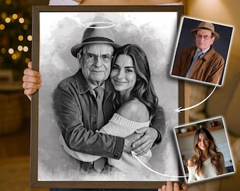 May include: Black and white portrait of a man and woman embracing, with a halo above the man's head. The portrait is in a wooden frame, with two smaller color photos of the subjects attached.
