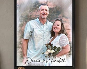 May include: A framed portrait of a smiling couple, Dennis and Meredith, in a soft, painterly style. The man wears a light blue button-down shirt, and the woman is in a white dress, holding a bouquet. The frame is black.