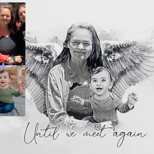 Personalized Pencil Sketch Portrait with Angel Wings (Digital Download)