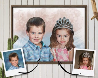 May include: A watercolor painting of a young boy and girl. The boy is wearing a blue plaid shirt and the girl is wearing a pink dress and a silver crown. The painting is set against a light pink background.