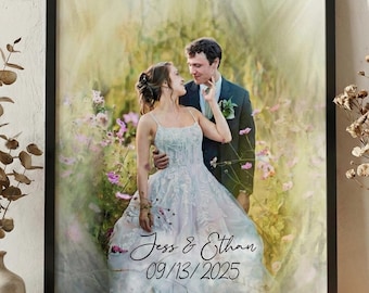 May include: Framed wedding portrait featuring a couple in a field of flowers. The bride wears a white gown, and the groom is in a suit. The names "Jess & Ethan" and the date "09/13/2025" are written on the image.
