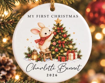 Adorno navideño personalizado para el primer cumpleaños del bebé, animales del bosque con nombre personalizado, recuerdo de cerámica para recién nacidos.