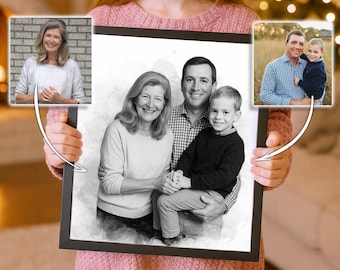 May include: A framed black and white portrait of a family, held by a person wearing a pink sweater. The portrait shows a woman, a man, and a child. Two smaller photos of the family members are in the upper corners, connected by curved white lines.