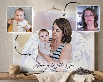 May include: A canvas print featuring a portrait of a woman holding a baby, with angel wings in the background. The print includes two smaller inset photos and the text "Always With You". The color palette is soft, with pastel tones.