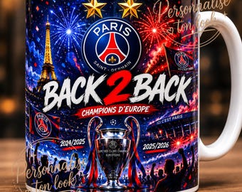 Tazza con doppia stella del Paris Saint-Germain (fronte a fronte) personalizzabile con il nome | Tazza da calcio, regalo per i tifosi del Paris Saint-Germain in Champions League (PSG)