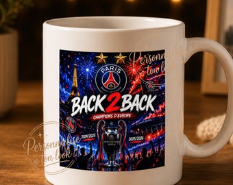 Taza del Paris Saint-Germain con doble estrella (espalda con espalda) personalizada con nombre | Taza de fútbol, regalo para los seguidores del Paris Saint-Germain en la Champions League (PSG)