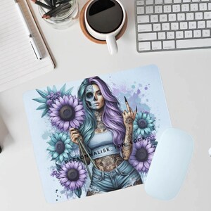 Badass Girl Flower Mouse Pad, Personalized Computer Mouse Pad, Tattoo Girl PC Desk Decor Mouse Pad
