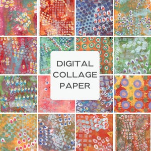 Puede incluir: Un paquete de papel para collage digital con 12 patrones diferentes. Los patrones están hechos de varios colores, formas y texturas. El texto "DIGITAL COLLAGE PAPER" está en el centro de la imagen.
