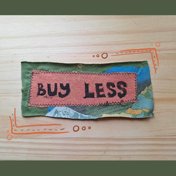 Buy Less upcycled sew on patch linocut print punk