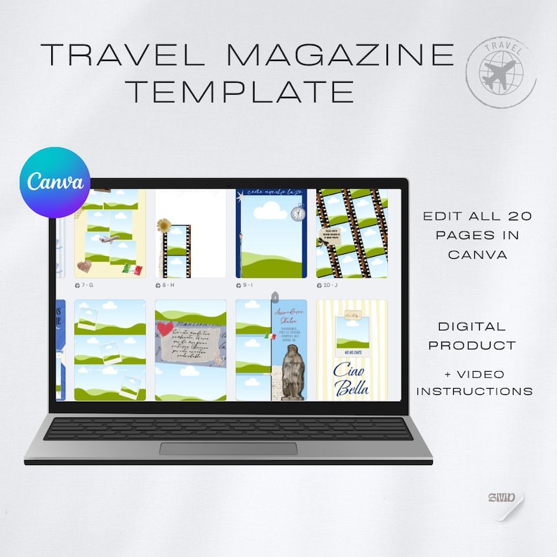Może przedstawiać: Laptop wyświetla szablon magazynu podr&oacute;żniczego z logo Canva. Szablon zawiera r&oacute;żne układy stron z malowniczymi tłami i tekstem "TRAVEL MAGAZINE TEMPLATE". Widoczny jest r&oacute;wnież tekst "EDIT ALL 20 PAGES IN CANVA".