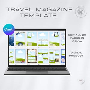 Może przedstawiać: Laptop wyświetlający szablon magazynu podr&oacute;żniczego z tekstem "TRAVEL MAGAZINE TEMPLATE" u g&oacute;ry. Ekran pokazuje r&oacute;żne układy z obrazami i tekstem. Widoczne jest logo Canva. Widoczny jest r&oacute;wnież tekst "EDIT ALL 20 PAGES IN CANVA".