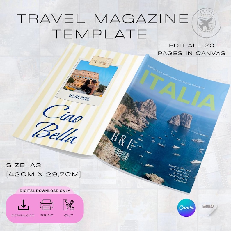Może przedstawiać: Szablon magazynu podr&oacute;żniczego z tytułem "TRAVEL MAGAZINE TEMPLATE". Otwarty magazyn wyświetla zdjęcie Włoch i tekst "ITALIA". Lewa strona zawiera słowa "Ciao Bella" i zdjęcie. Rozmiar to A3, 42cm x 29,7cm.
