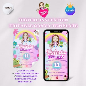 Puede incluir: Plantilla de invitación digital para una fiesta de cumpleaños, con una niña de dibujos animados, una rana y un arcoíris. La invitación es personalizable e incluye imágenes. El texto dice "Valeria Cumple 3" y "Digital Invitation Editable Canva Template".