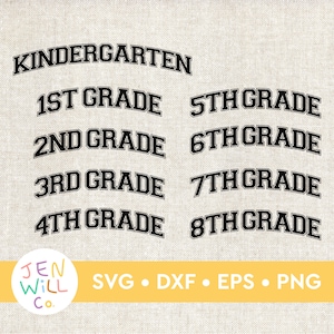 May include: Black and white text graphic design with the words "Kindergarten", "1st Grade", "2nd Grade", "3rd Grade", "4th Grade", "5th Grade", "6th Grade", "7th Grade", and "8th Grade".