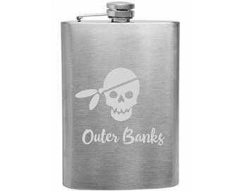 Custom Beach Town Shore House Life 8 oz Etched Flask Skull