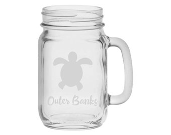 Custom Beach Town Shore House Life 12oz Etched Mason Jar Sea Turtle