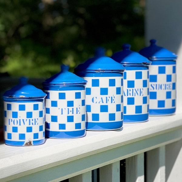 Vintage French Five Piece Enamel Canister Set - French / Lustucru Pattern Blue & White