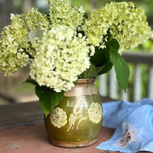 Vintage / Antique Painted Earthenware Pitcher ~ Ceramic Hungarian Forest Green Jug With Painted Flowers