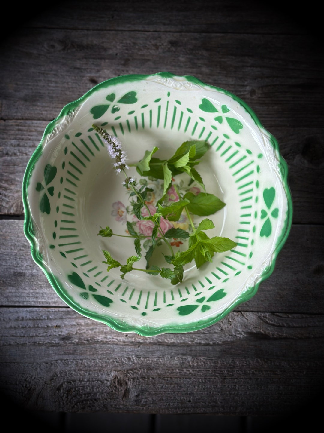 Vintage Green Floral Ceramic Bowl Virginia Rose Pine Green Etsy