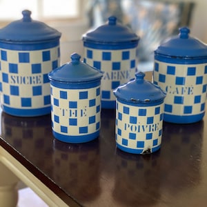 Vintage French Five Piece Enamel Canister Set - French / Lustucru Pattern Blue & White
