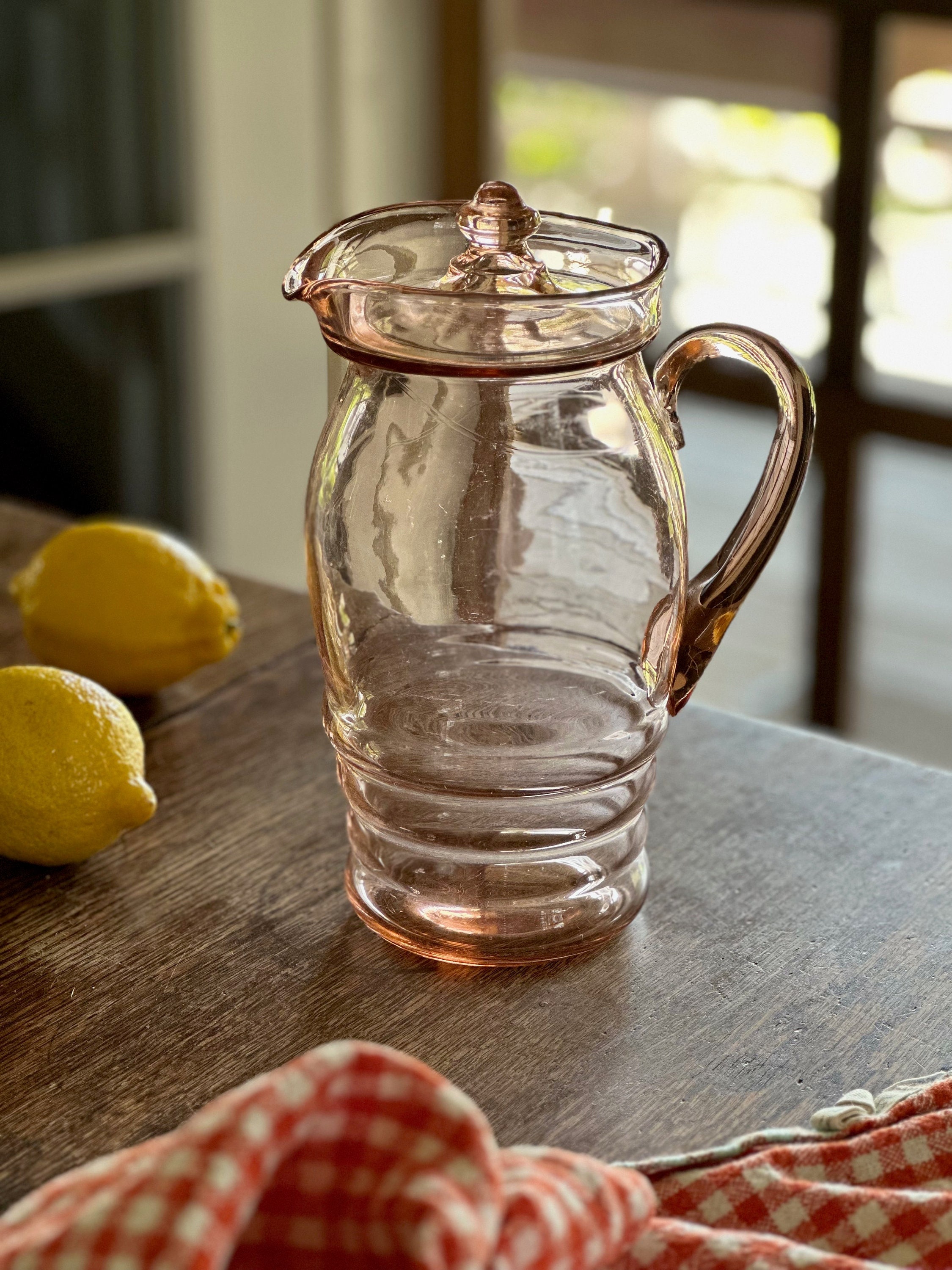 Vintage Rose Glass Pitcher with Lid / Dunbar Ringed Pitcher, Pink  Depression Glass