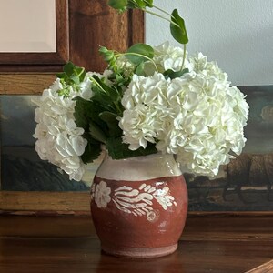 Vintage / Antique Painted Earthenware Pitcher ~ Ceramic Hungarian Jug with White Flower