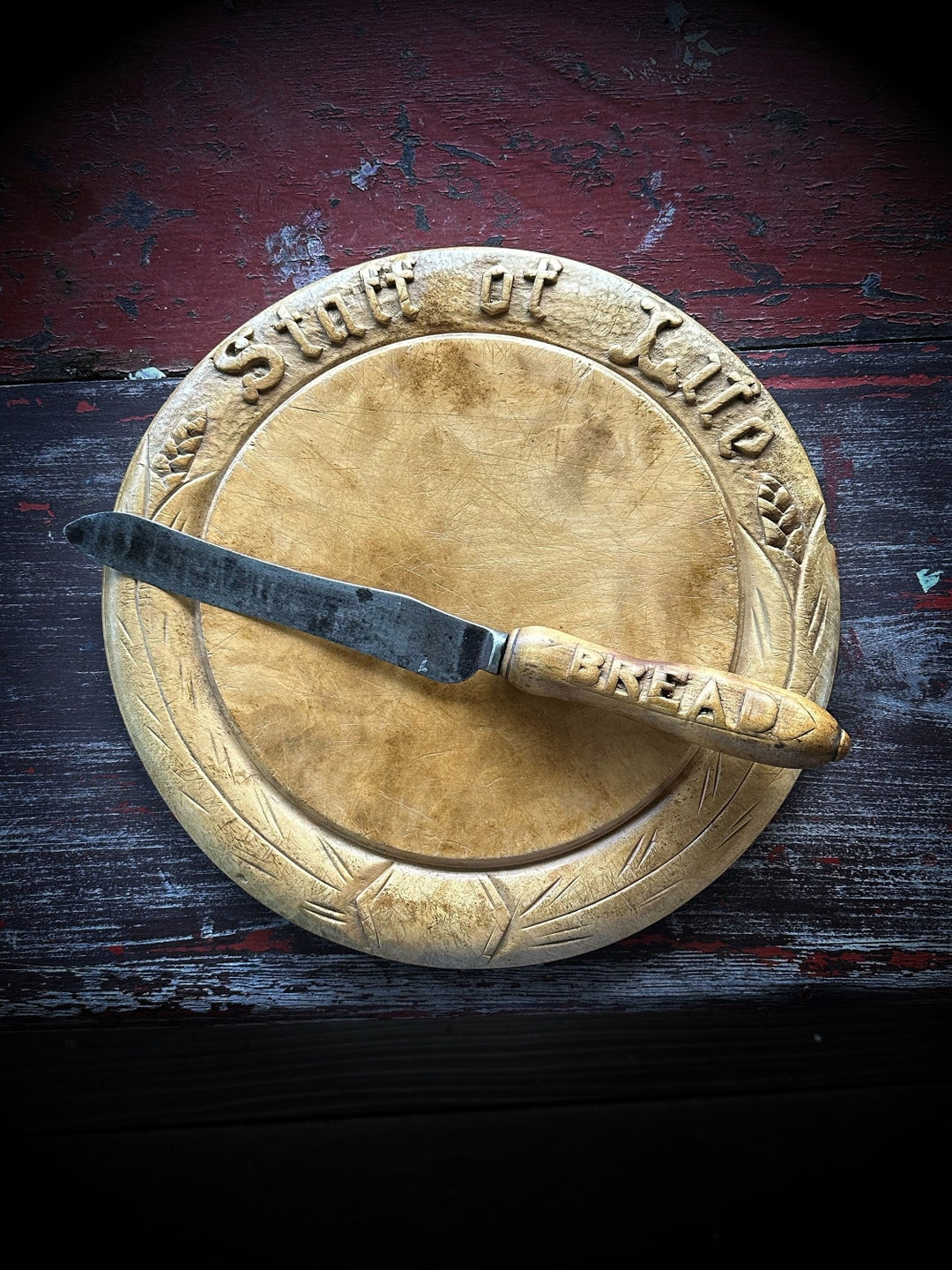 Antique Carved Bread Board & Bread Knife Set / Cutting Board Staff of ...