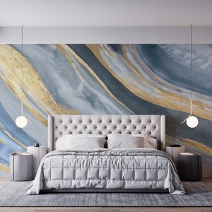 Blue Gold Stripes Marble Wallpaper Peel and Stick Wallpaper Self ...
