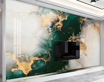 Alcohol Ink Green Gold Marble Wallpaper Peel and Stick Wallpaper Self Adhesive Wallpaper Living Room Bedroom Creative Abstract Wallpaper