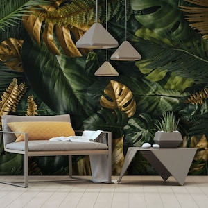 Green Gold Leaf Floral Wallpaper Peel and Stick Wallpaper Self Adhesive