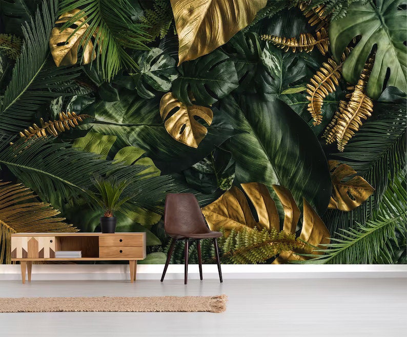 Green Gold Leaf Floral Wallpaper Peel and Stick Wallpaper Self Adhesive