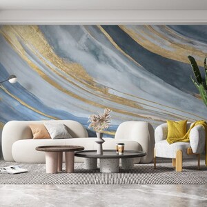Blue Gold Stripes Marble Wallpaper Peel and Stick Wallpaper Self ...
