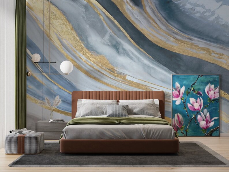 Blue Gold Stripes Marble Wallpaper Peel and Stick Wallpaper Self ...