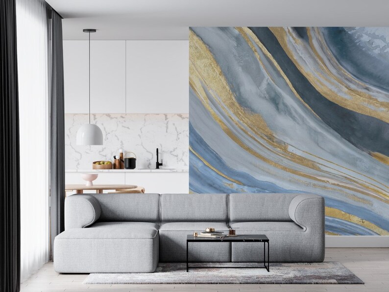 Blue Gold Stripes Marble Wallpaper Peel and Stick Wallpaper Self ...