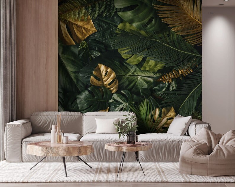 Green Gold Leaf Floral Wallpaper Peel and Stick Wallpaper Self Adhesive