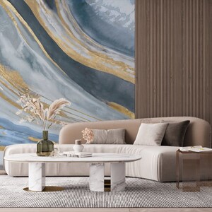 Blue Gold Stripes Marble Wallpaper Peel and Stick Wallpaper Self ...