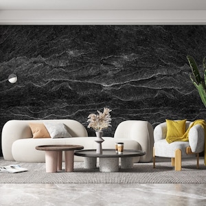 Puede incluir: Salón moderno con una pared de piedra negra como telón de fondo. La habitación cuenta con un sofá blanco curvo, un sillón gris con una manta amarilla y dos mesas de centro. Una gran planta verde y una lámpara de pie completan la decoración.